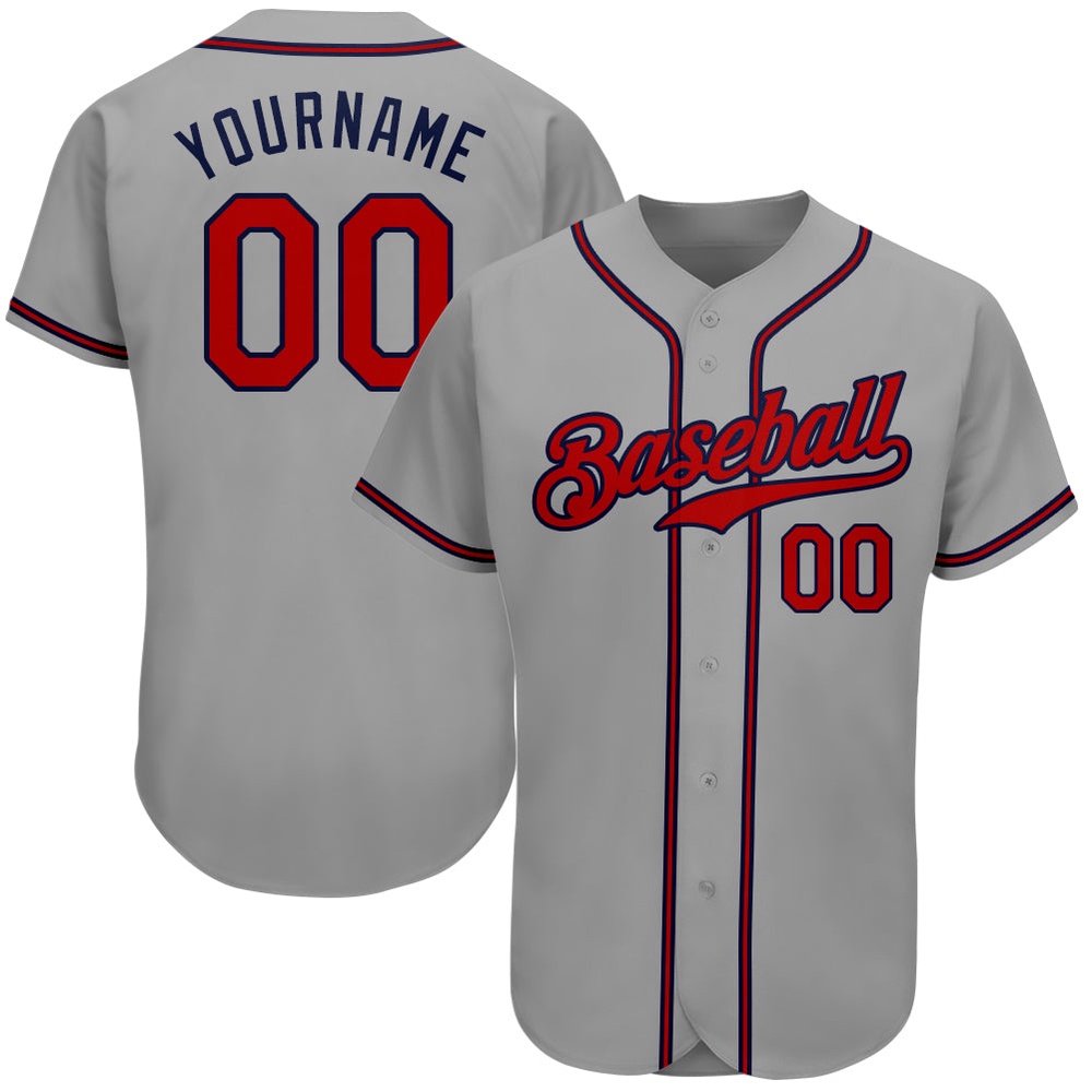 Gray Red-Navy Authentic Baseball Jersey, Custom Baseball Jersey, Personalized Sport Jersey