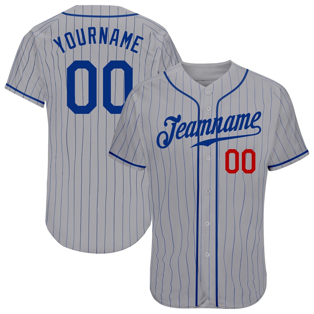 Gray Royal Pinstripe Royal-Red Authentic Baseball Jersey, Custom Baseball Jersey, Personalized Sport Jersey