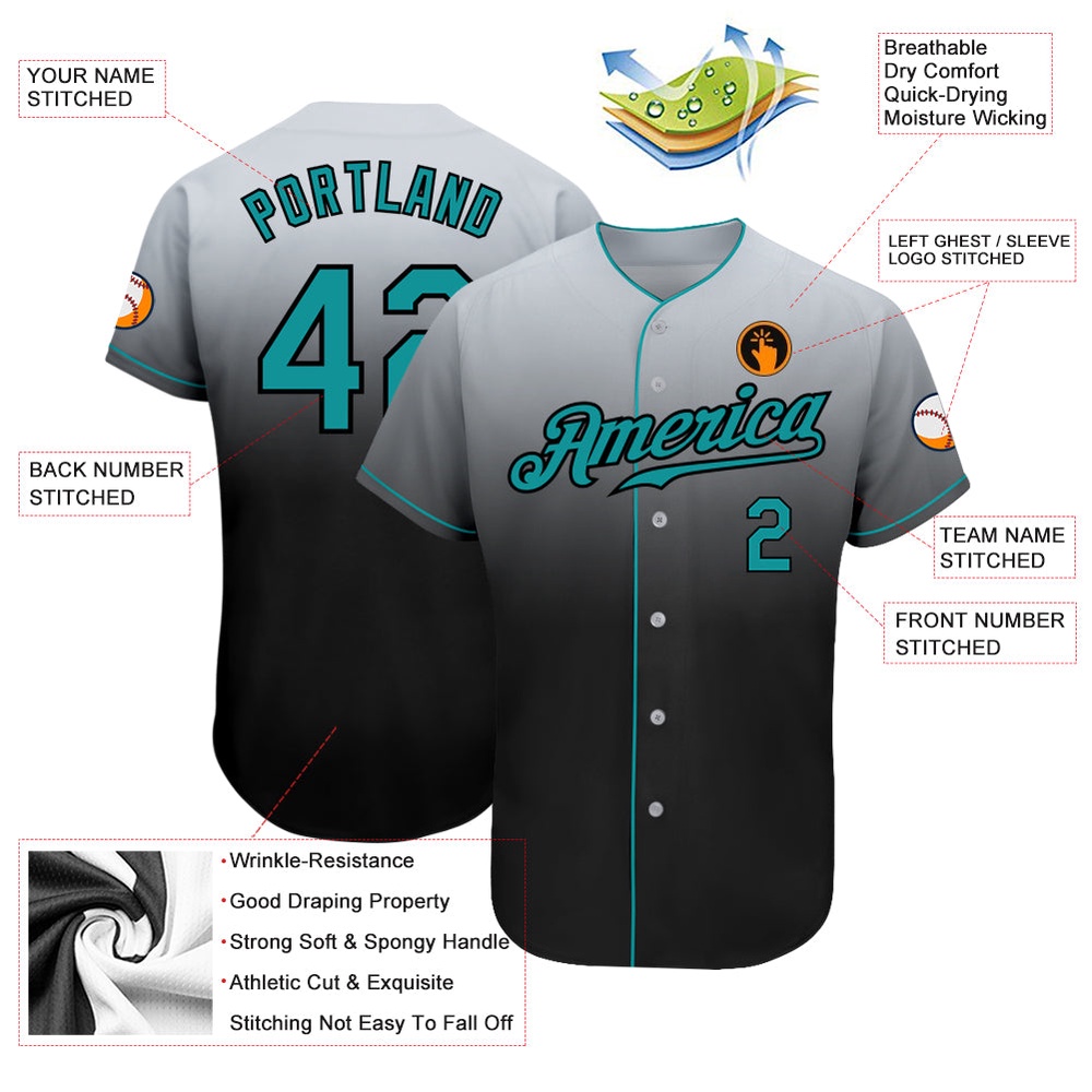 Gray Teal-Black Authentic Fade Fashion Baseball Jersey, Custom Baseball Jersey, Personalized Sport Jersey Gray Teal-Black Authentic Fade Fashion Baseball Jersey, Custom Baseball Jersey, Personalized Sport Jersey