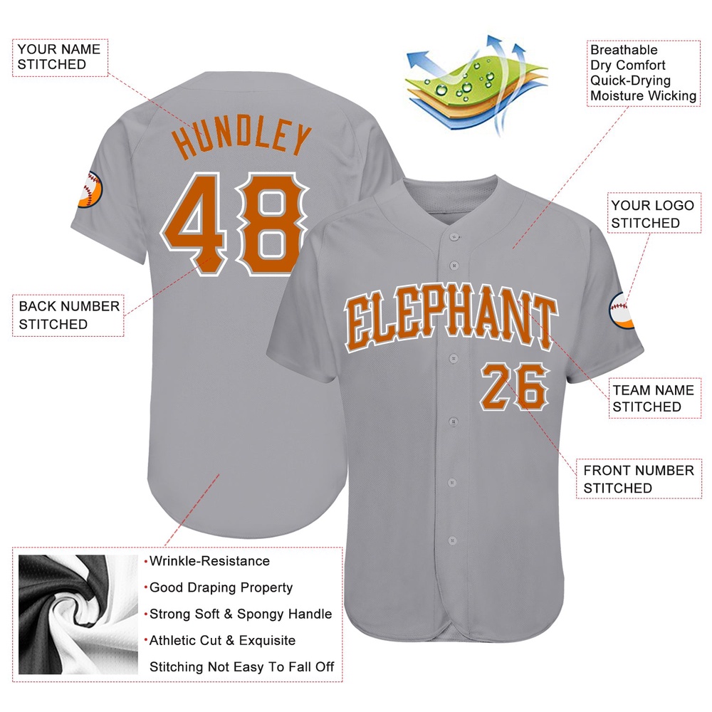 Gray Texas Orange-White Authentic Baseball Jersey, Custom Baseball Jersey, Personalized Sport Jersey Gray Texas Orange-White Authentic Baseball Jersey, Custom Baseball Jersey, Personalized Sport Jersey