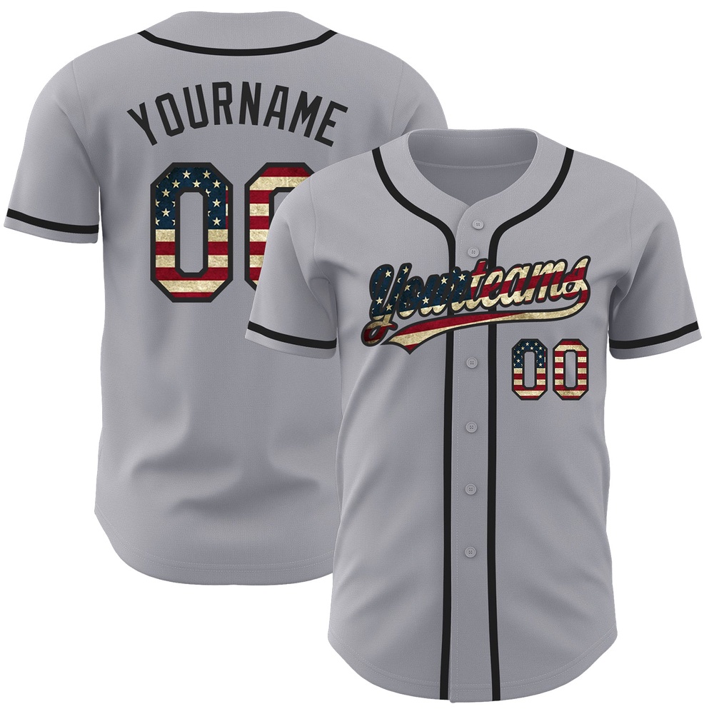 Gray Vintage USA Flag-Black Authentic Baseball Jersey, Custom Baseball Jersey, Personalized Sport Jersey Gray Vintage USA Flag-Black Authentic Baseball Jersey, Custom Baseball Jersey, Personalized Sport Jersey