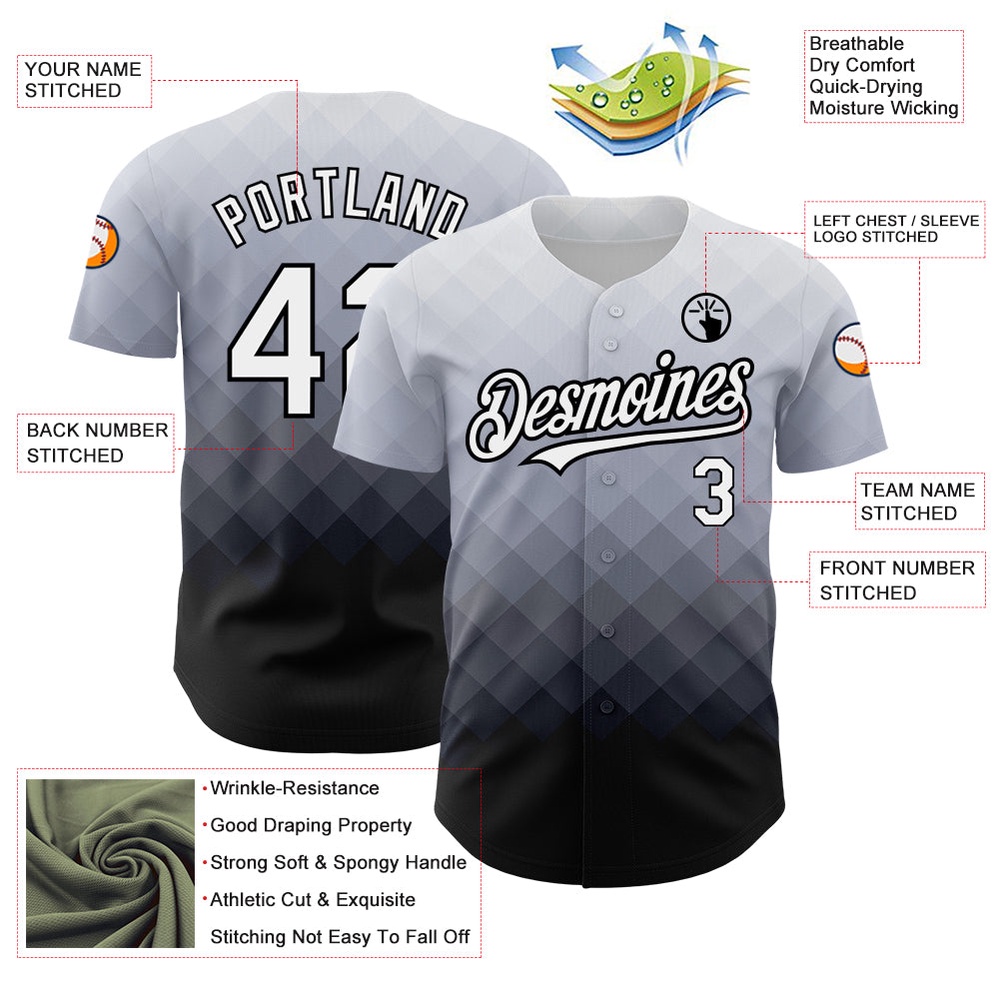 Gray White-Black 3D Pattern Design Square Authentic Baseball Jersey, Custom Baseball Jersey, Personalized Sport Jersey Gray White-Black 3D Pattern Design Square Authentic Baseball Jersey, Custom Baseball Jersey, Personalized Sport Jersey