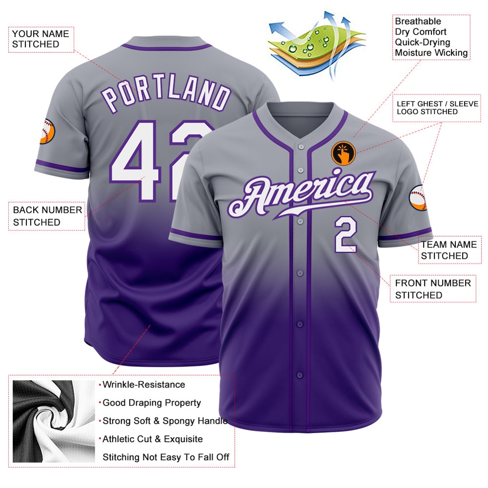 Gray White-Purple Authentic Fade Fashion Baseball Jersey, Custom Baseball Jersey, Personalized Sport Jersey