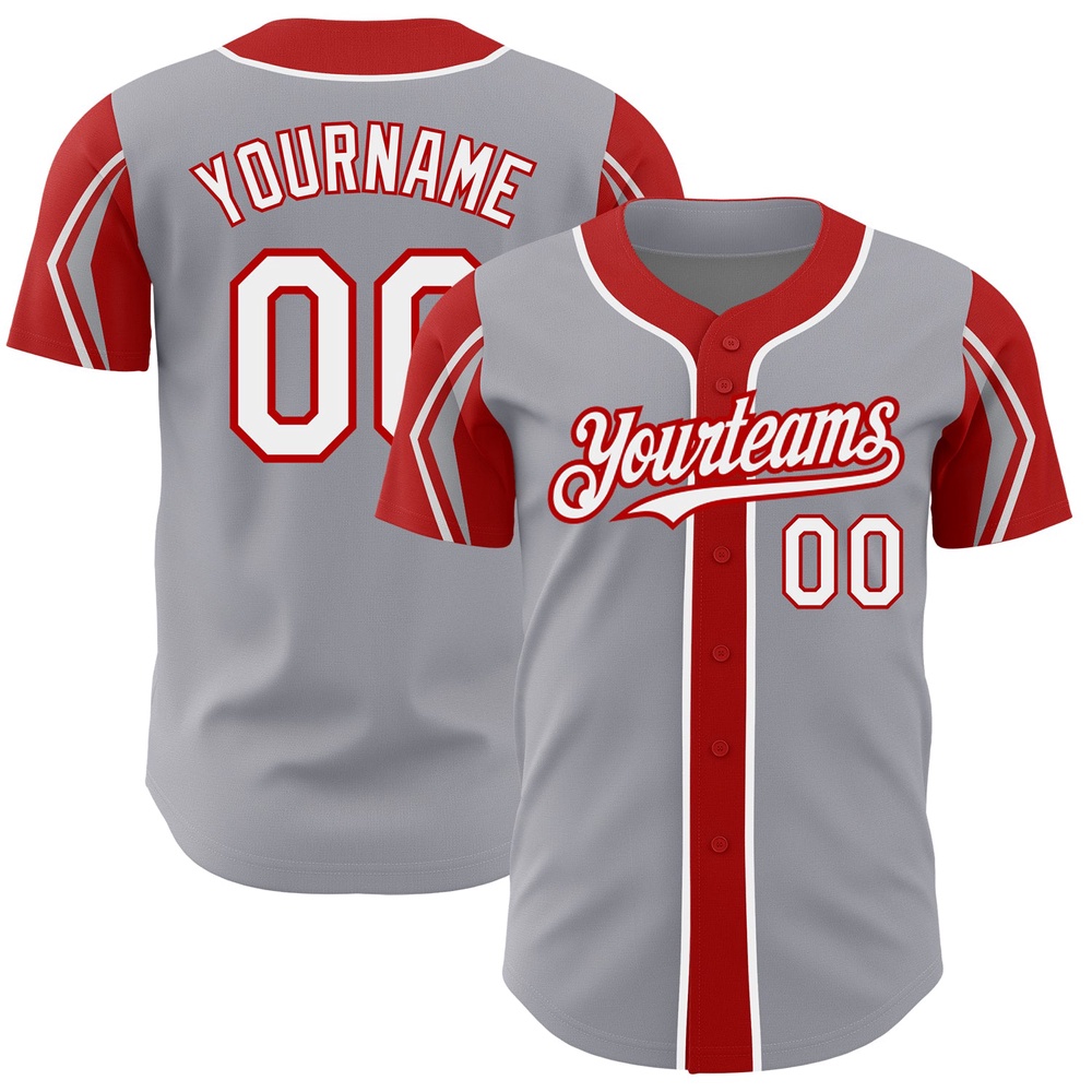 Gray White-Red 3 Colors Arm Shapes Authentic Baseball Jersey, Custom Baseball Jersey, Personalized Sport Jersey Gray White-Red 3 Colors Arm Shapes Authentic Baseball Jersey, Custom Baseball Jersey, Personalized Sport Jersey