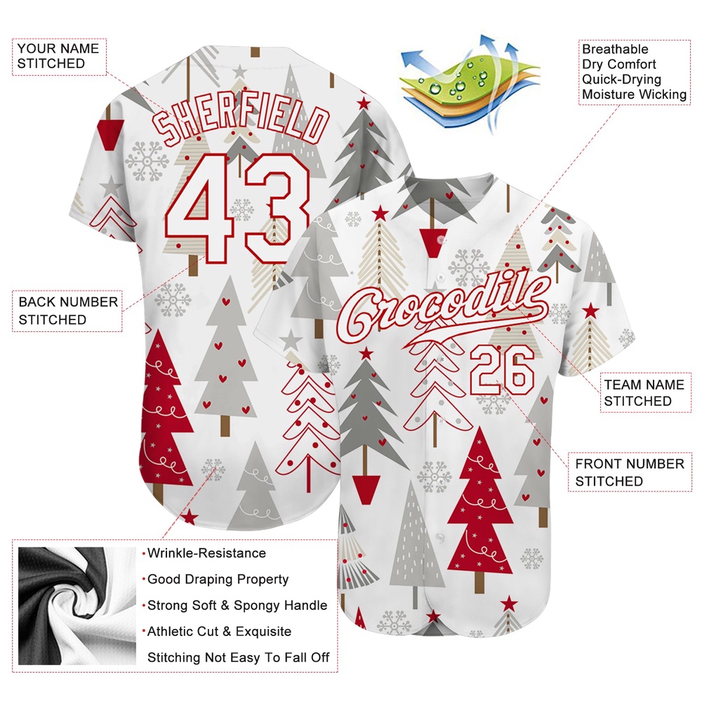 Gray White-Red Christmas 3D Authentic Baseball Jersey, Custom Baseball Jersey, Personalized Sport Jersey Gray White-Red Christmas 3D Authentic Baseball Jersey, Custom Baseball Jersey, Personalized Sport Jersey