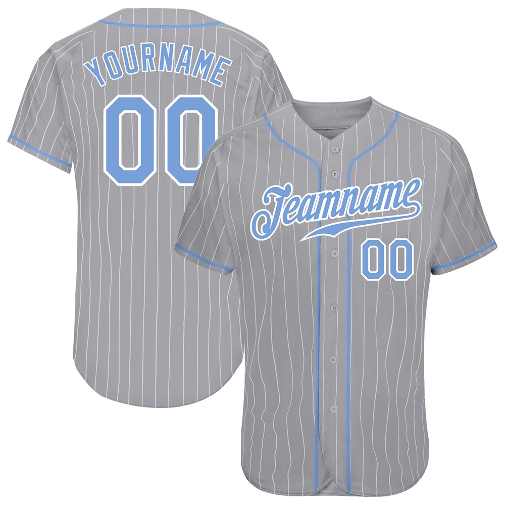 Gray White Pinstripe Light Blue-White Authentic Baseball Jersey, Custom Baseball Jersey, Personalized Sport Jersey