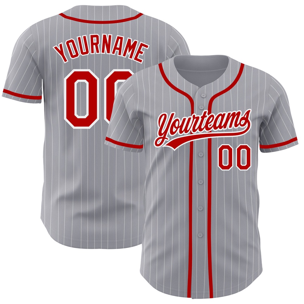 Gray White Pinstripe Red Authentic Baseball Jersey, Custom Baseball Jersey, Personalized Sport Jersey Gray White Pinstripe Red Authentic Baseball Jersey, Custom Baseball Jersey, Personalized Sport Jersey