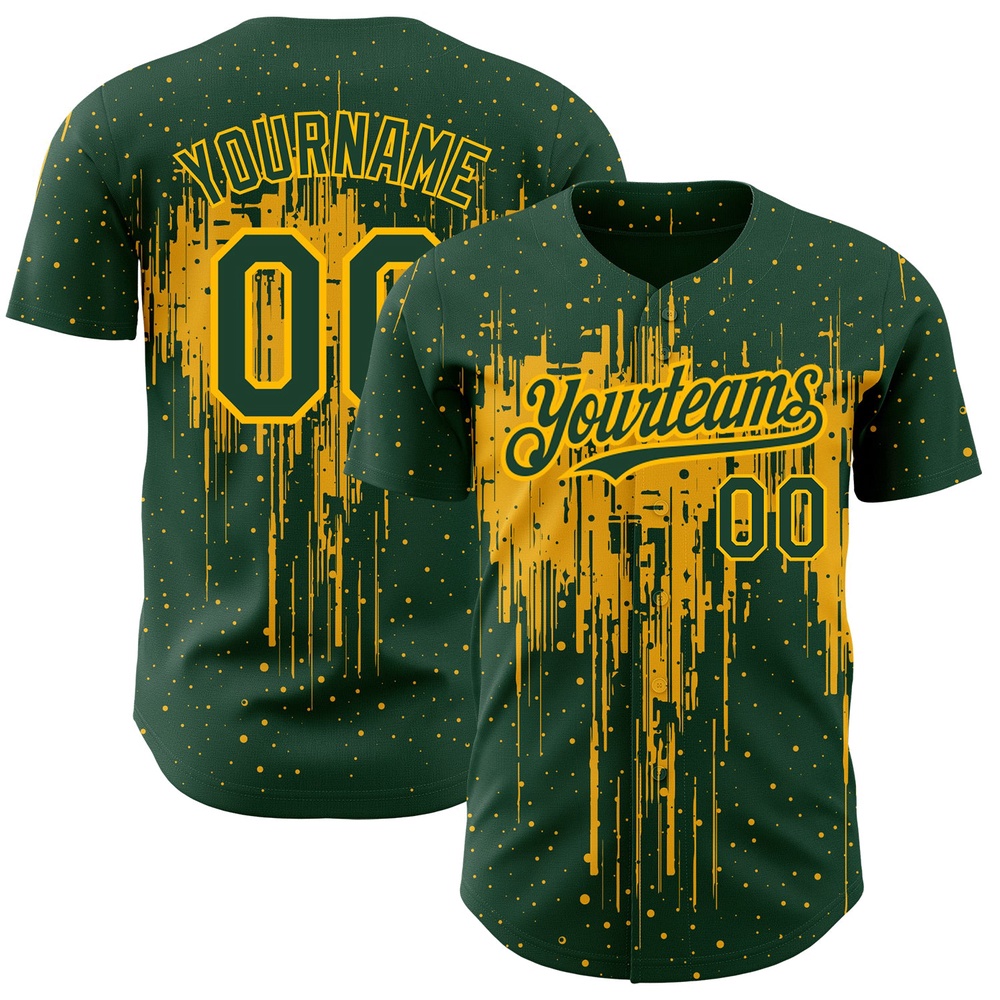 Green Gold 3D Pattern Design Dripping Splatter Art Authentic Baseball Jersey, Custom Baseball Jersey, Personalized Sport Jersey Green Gold 3D Pattern Design Dripping Splatter Art Authentic Baseball Jersey, Custom Baseball Jersey, Personalized Sport Jersey