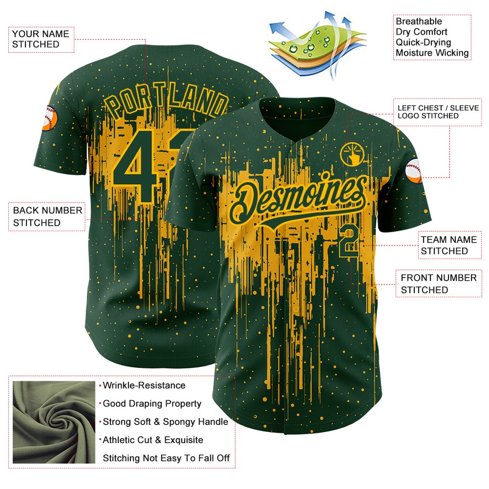 Green Gold 3D Pattern Design Dripping Splatter Art Authentic Baseball Jersey, Custom Baseball Jersey, Personalized Sport Jersey Green Gold 3D Pattern Design Dripping Splatter Art Authentic Baseball Jersey, Custom Baseball Jersey, Personalized Sport Jersey