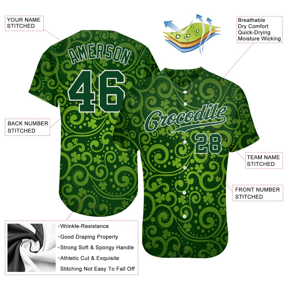 Green Green-White 3D Pattern Design Authentic St. Patrick’s Day Baseball Jersey, Custom Baseball Jersey, Personalized Sport Jersey
