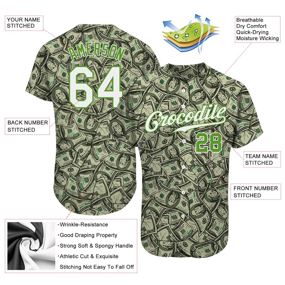 Green White-Neon Green 3D Pattern Design Dollar Authentic Baseball Jersey, Custom Baseball Jersey, Personalized Sport Jersey Green White-Neon Green 3D Pattern Design Dollar Authentic Baseball Jersey, Custom Baseball Jersey, Personalized Sport Jersey
