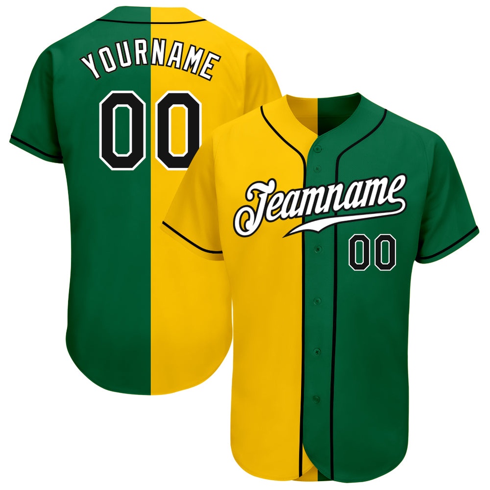 Kelly Green Black-Yellow Authentic Split Fashion Baseball Jersey, Custom Baseball Jersey, Personalized Sport Jersey Kelly Green Black-Yellow Authentic Split Fashion Baseball Jersey, Custom Baseball Jersey, Personalized Sport Jersey