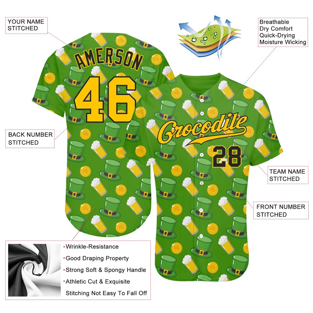 Kelly Green Gold-Black 3D Pattern Design Authentic St. Patrick’s Day Baseball Jersey, Custom Baseball Jersey, Personalized Sport Jersey Kelly Green Gold-Black 3D Pattern Design Authentic St. Patrick’s Day Baseball Jersey, Custom Baseball Jersey, Personalized Sport Jersey