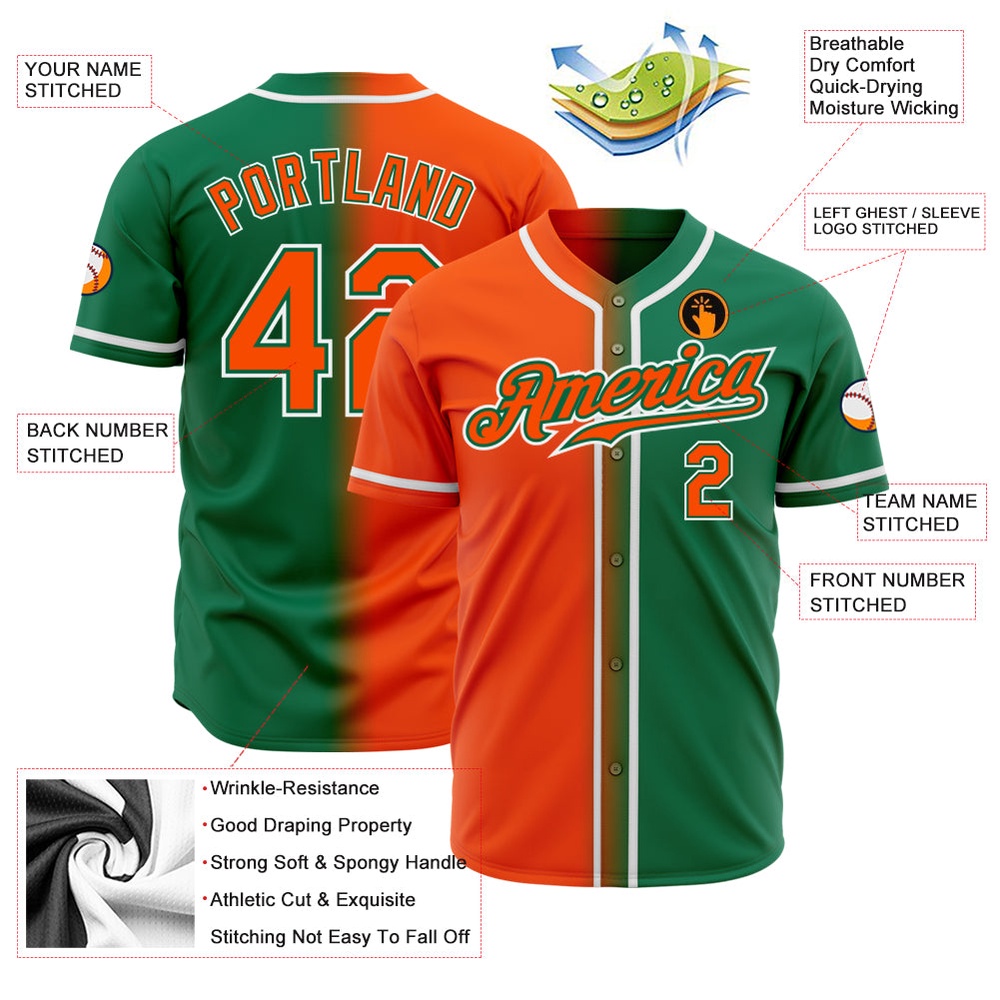 Kelly Green Orange-White Authentic Gradient Fashion Baseball Jersey, Custom Baseball Jersey, Personalized Sport Jersey Kelly Green Orange-White Authentic Gradient Fashion Baseball Jersey, Custom Baseball Jersey, Personalized Sport Jersey