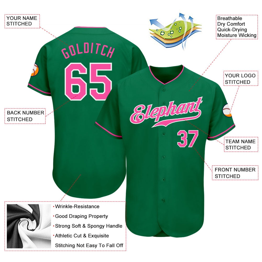 Kelly Green Pink-White Authentic Baseball Jersey, Custom Baseball Jersey, Personalized Sport Jersey