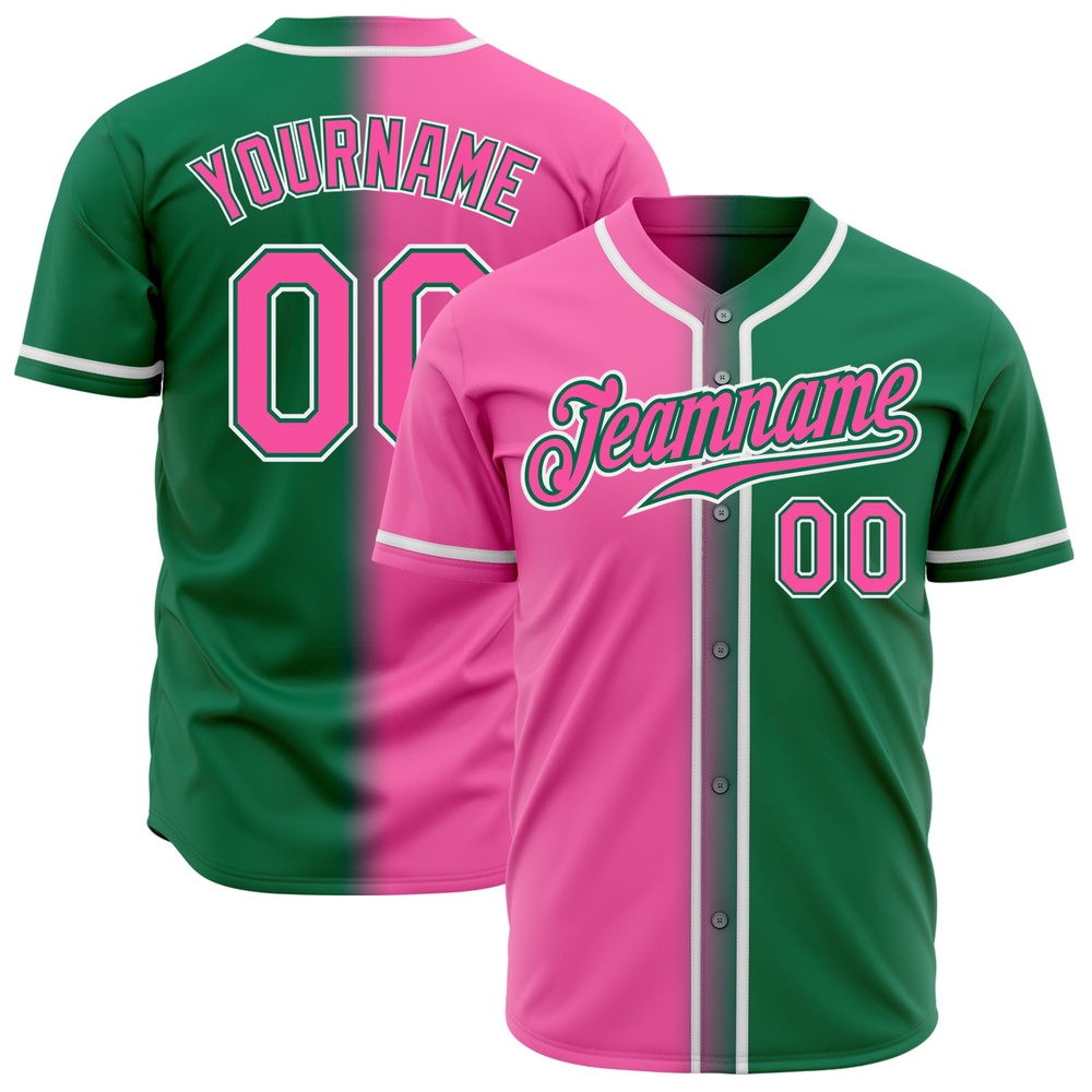 Kelly Green Pink-White Authentic Gradient Fashion Baseball Jersey, Custom Baseball Jersey, Personalized Sport Jersey