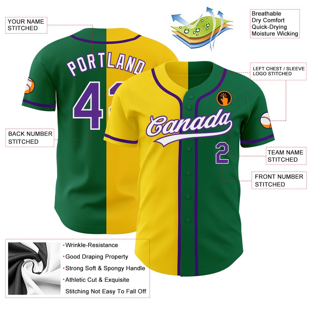 Kelly Green Purple-Yellow Authentic Split Fashion Baseball Jersey, Custom Baseball Jersey, Personalized Sport Jersey