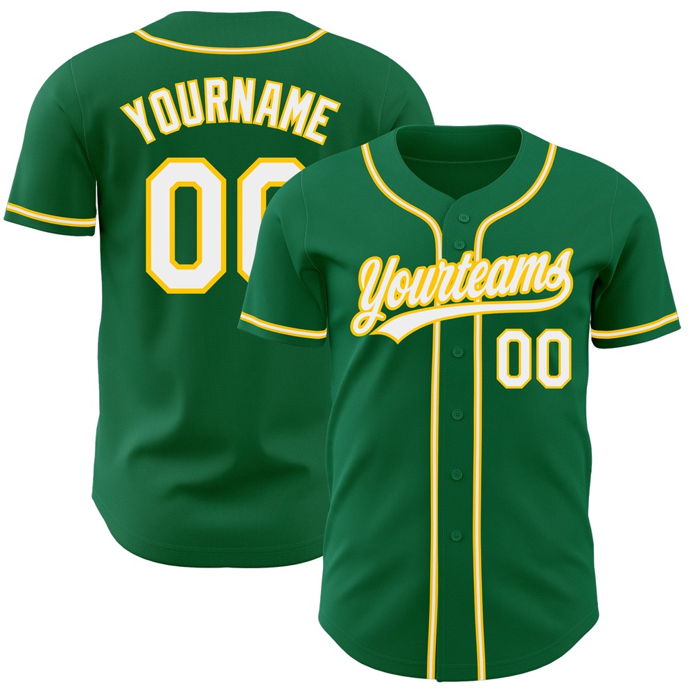 Kelly Green White-Gold Authentic Baseball Jersey, Custom Baseball Jersey, Personalized Sport Jersey