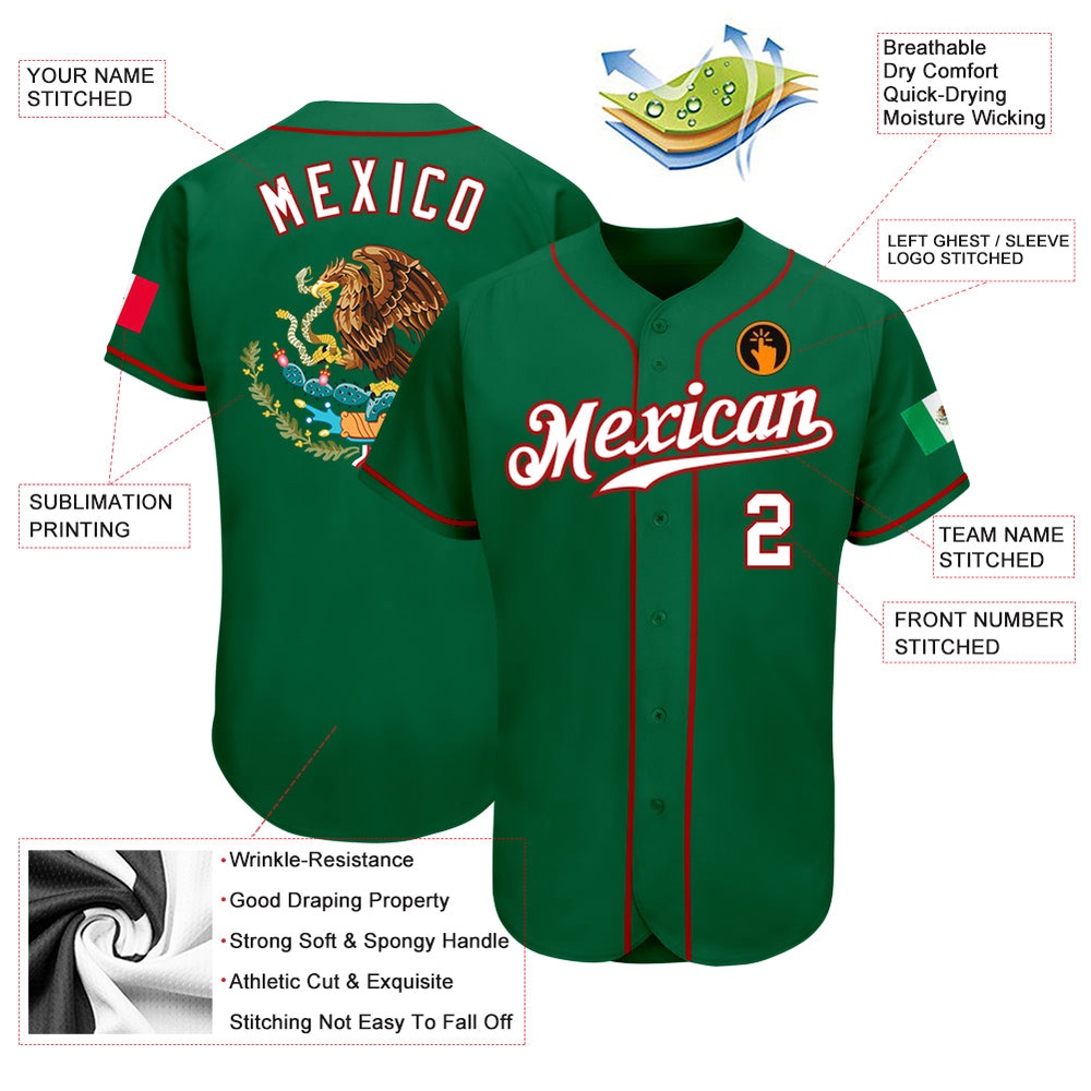 Kelly Green White-Red Authentic Mexican Flag Fashion Baseball Jersey, Custom Baseball Jersey, Personalized Sport Jersey Kelly Green White-Red Authentic Mexican Flag Fashion Baseball Jersey, Custom Baseball Jersey, Personalized Sport Jersey