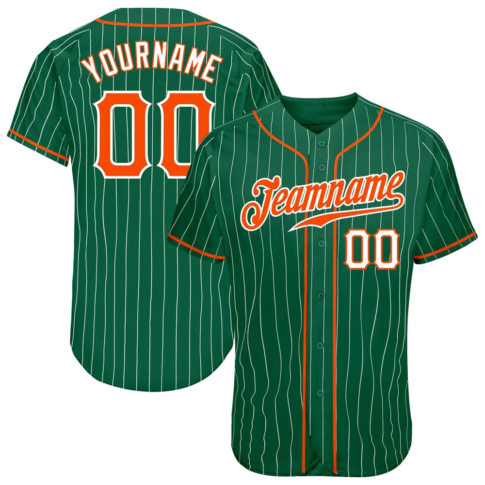 Kelly Green White Pinstripe Orange-White Authentic Baseball Jersey, Custom Baseball Jersey, Personalized Sport Jersey Kelly Green White Pinstripe Orange-White Authentic Baseball Jersey, Custom Baseball Jersey, Personalized Sport Jersey