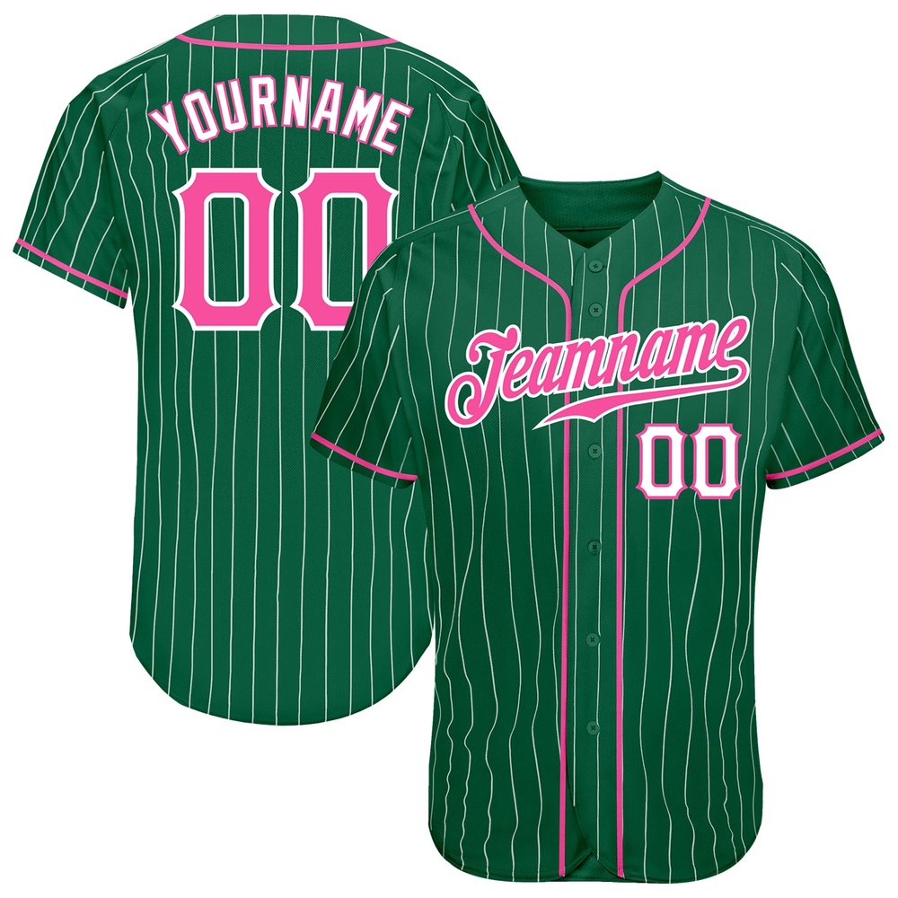 Kelly Green White Pinstripe Pink-White Authentic Baseball Jersey, Custom Baseball Jersey, Personalized Sport Jersey Kelly Green White Pinstripe Pink-White Authentic Baseball Jersey, Custom Baseball Jersey, Personalized Sport Jersey
