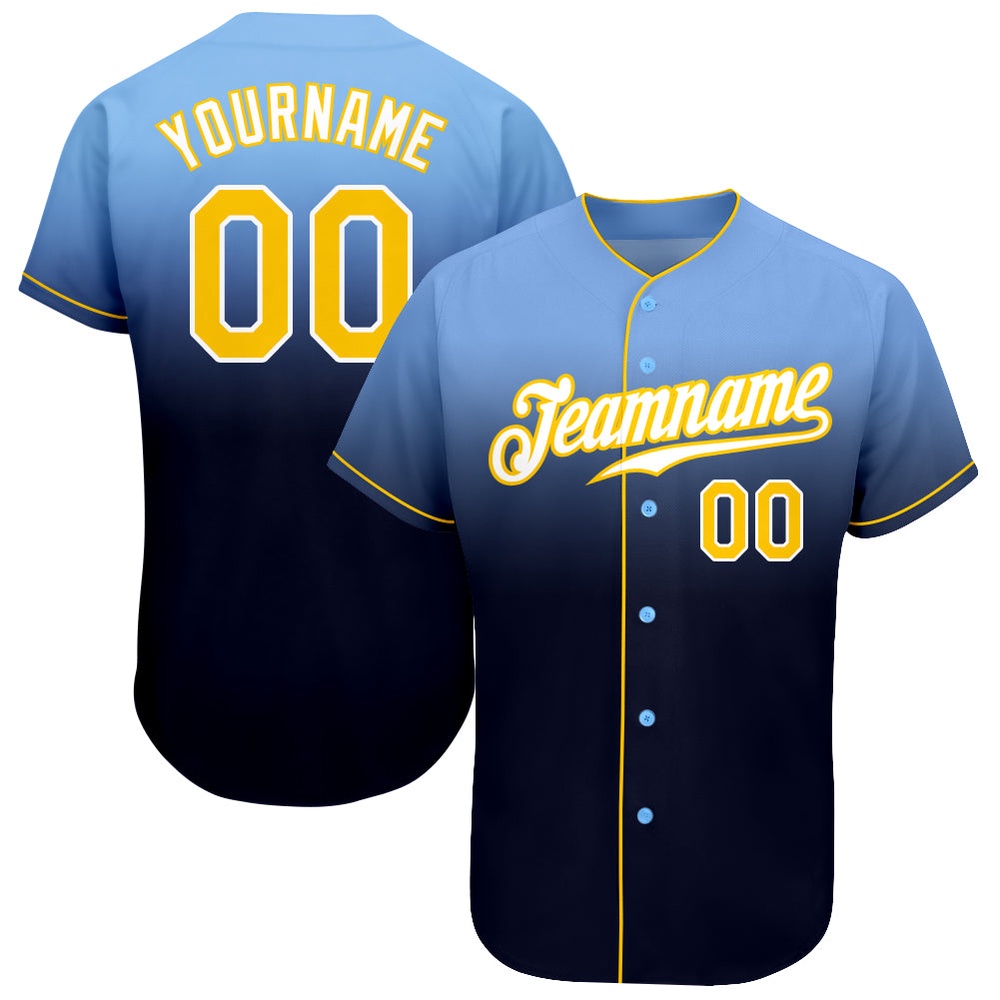 Light Blue Gold-Navy Authentic Fade Fashion Baseball Jersey, Custom Baseball Jersey, Personalized Sport Jersey Light Blue Gold-Navy Authentic Fade Fashion Baseball Jersey, Custom Baseball Jersey, Personalized Sport Jersey