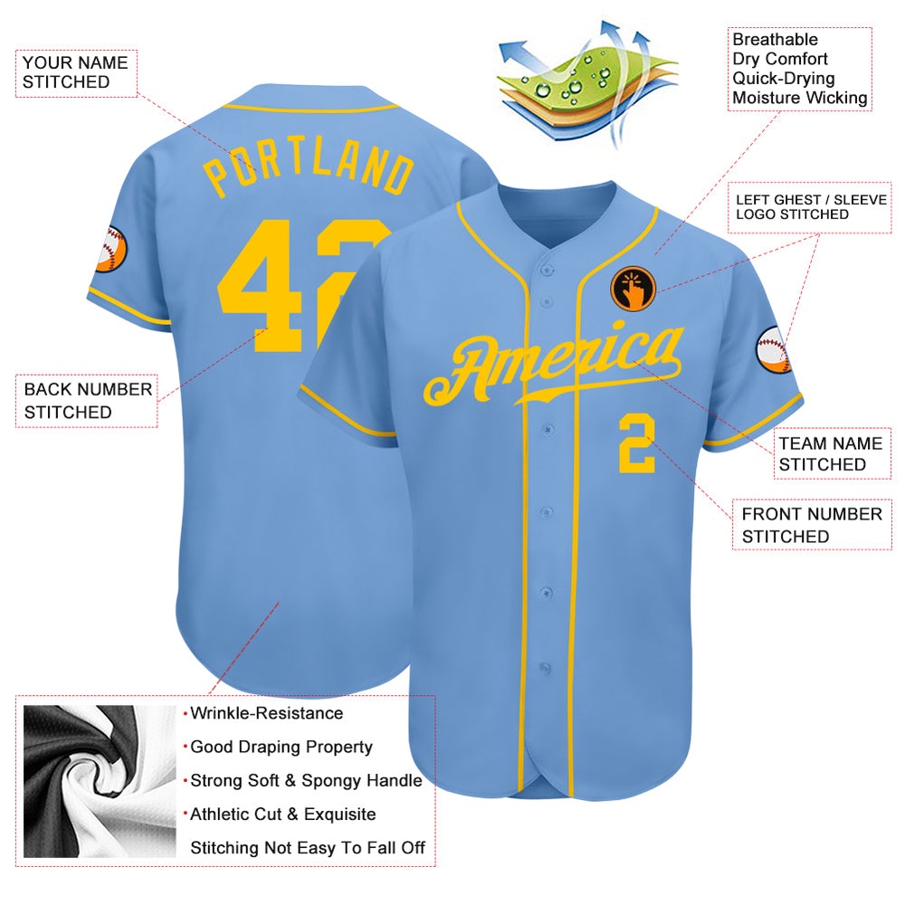 Light Blue Gold Authentic Baseball Jersey, Custom Baseball Jersey, Personalized Sport Jersey Light Blue Gold Authentic Baseball Jersey, Custom Baseball Jersey, Personalized Sport Jersey