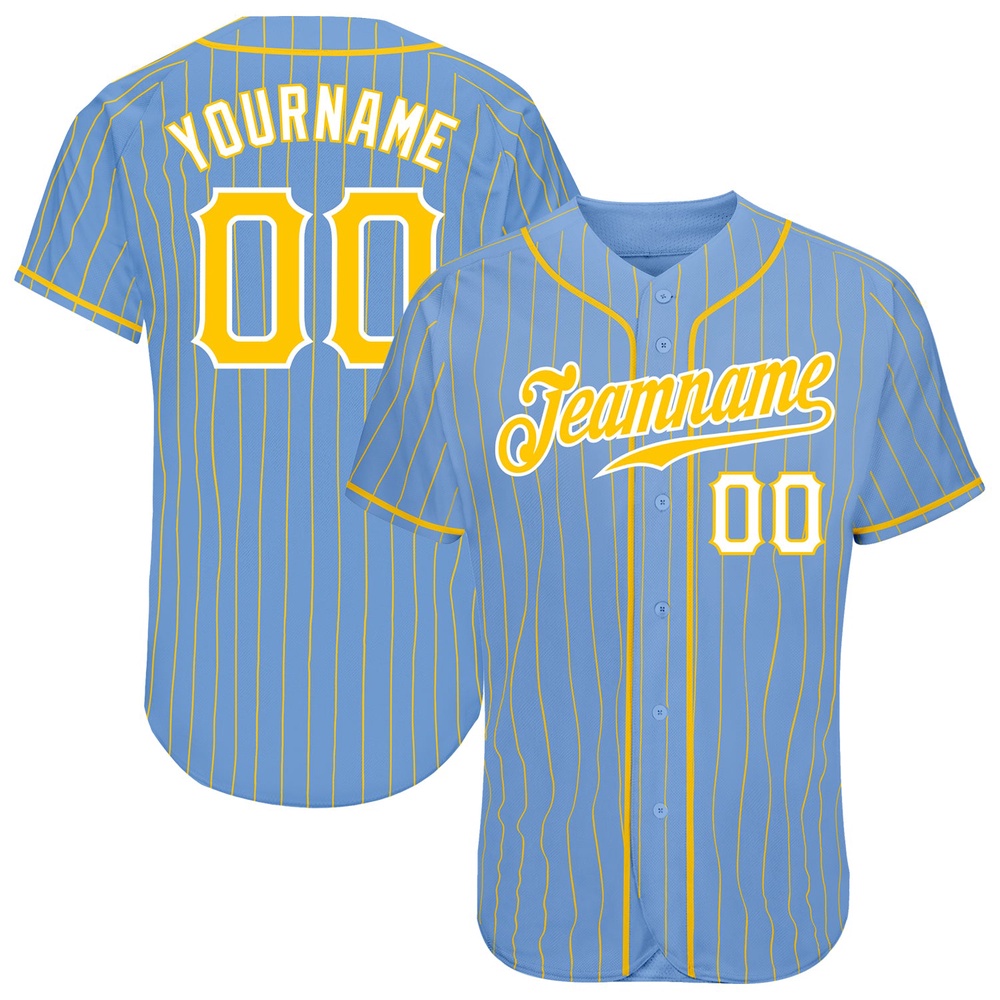 Light Blue Gold Pinstripe Gold-White Authentic Baseball Jersey, Custom Baseball Jersey, Personalized Sport Jersey Light Blue Gold Pinstripe Gold-White Authentic Baseball Jersey, Custom Baseball Jersey, Personalized Sport Jersey