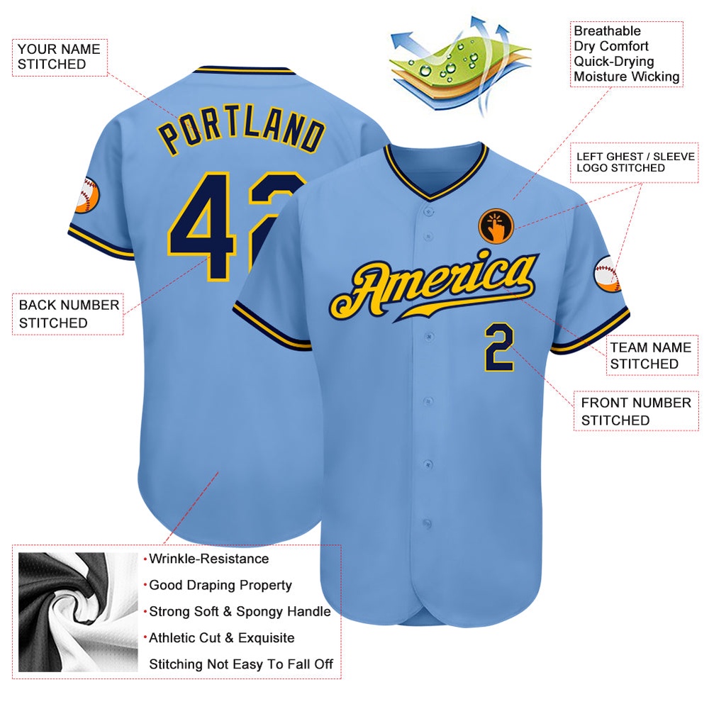 Light Blue Navy-Gold Authentic Baseball Jersey, Custom Baseball Jersey, Personalized Sport Jersey Light Blue Navy-Gold Authentic Baseball Jersey, Custom Baseball Jersey, Personalized Sport Jersey