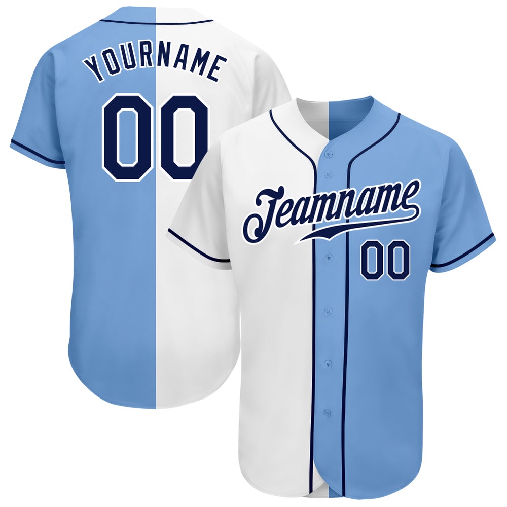 Light Blue Navy-White Authentic Split Fashion Baseball Jersey, Custom Baseball Jersey, Personalized Sport Jersey Light Blue Navy-White Authentic Split Fashion Baseball Jersey, Custom Baseball Jersey, Personalized Sport Jersey