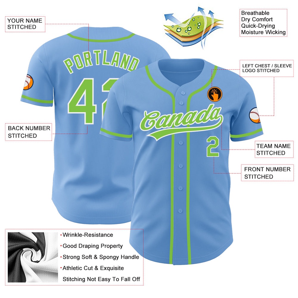 Light Blue Neon Green-White Authentic Baseball Jersey, Custom Baseball Jersey, Personalized Sport Jersey