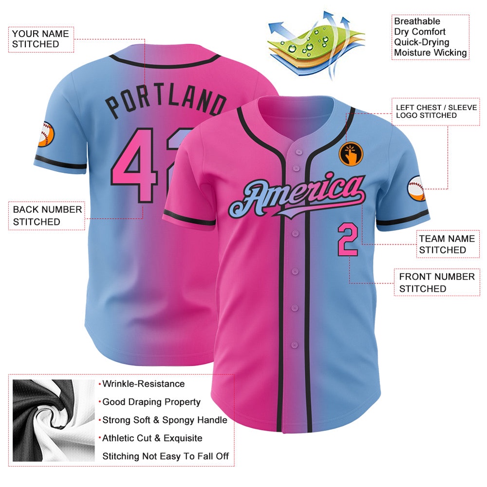 Light Blue Pink-Black Authentic Gradient Fashion Baseball Jersey, Custom Baseball Jersey, Personalized Sport Jersey Light Blue Pink-Black Authentic Gradient Fashion Baseball Jersey, Custom Baseball Jersey, Personalized Sport Jersey