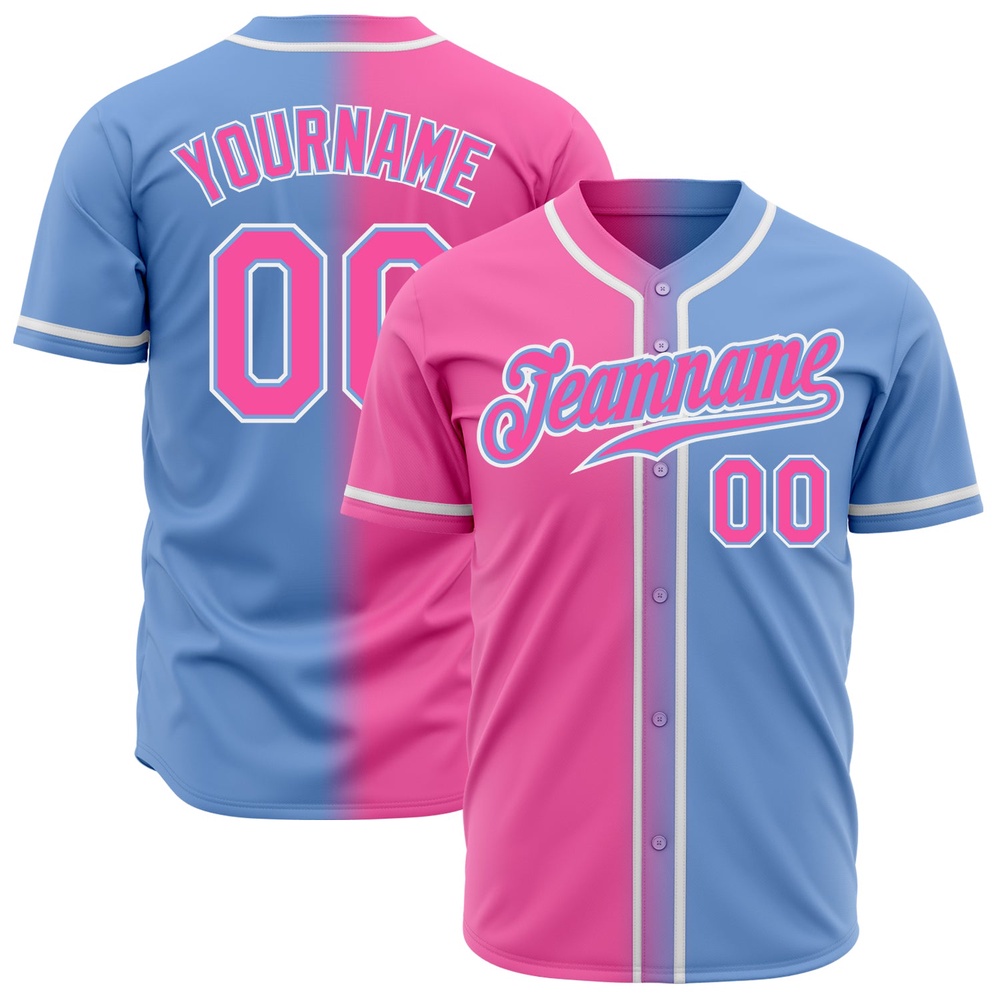 Light Blue Pink-White Authentic Gradient Fashion Baseball Jersey, Custom Baseball Jersey, Personalized Sport Jersey Light Blue Pink-White Authentic Gradient Fashion Baseball Jersey, Custom Baseball Jersey, Personalized Sport Jersey