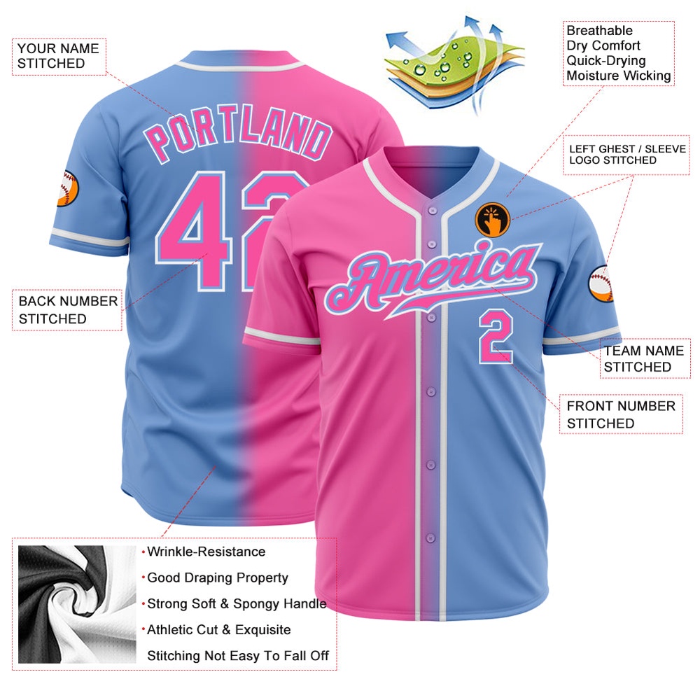 Light Blue Pink-White Authentic Gradient Fashion Baseball Jersey, Custom Baseball Jersey, Personalized Sport Jersey Light Blue Pink-White Authentic Gradient Fashion Baseball Jersey, Custom Baseball Jersey, Personalized Sport Jersey