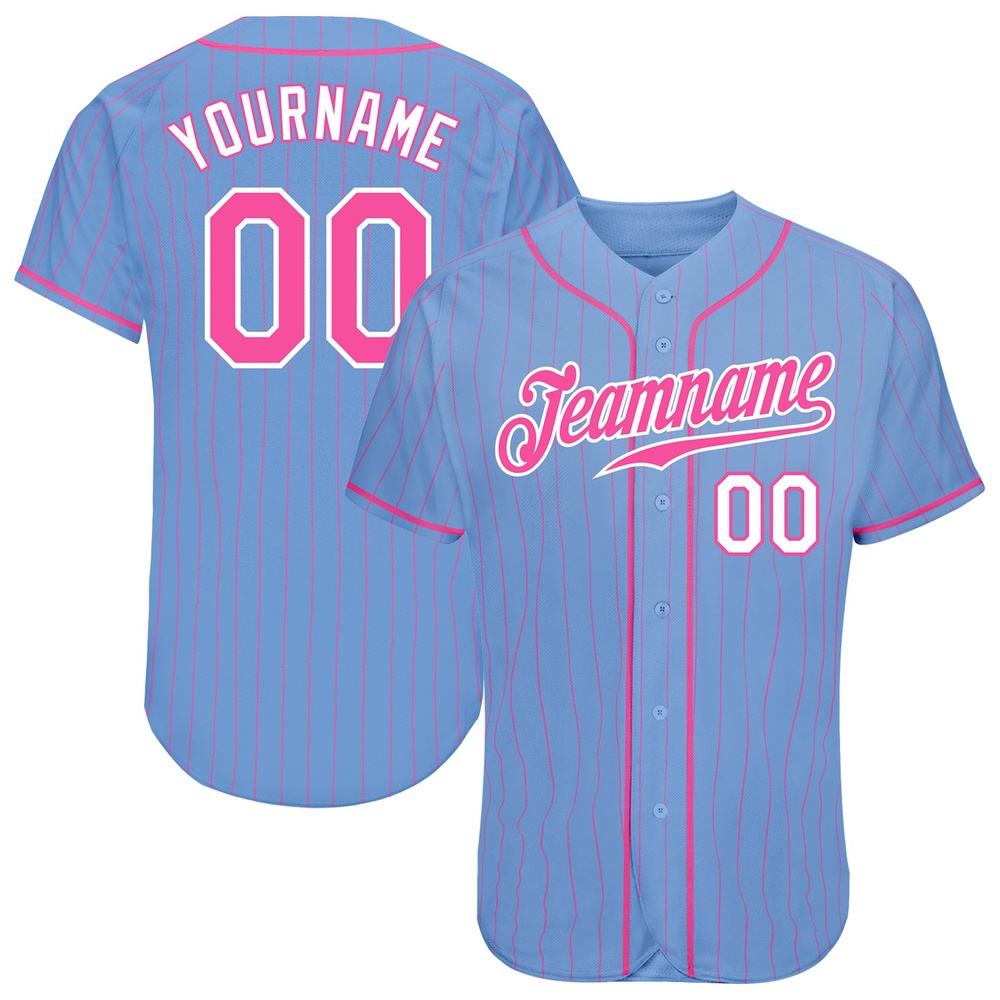 Light Blue Pink Pinstripe Pink-White Authentic Baseball Jersey, Custom Baseball Jersey, Personalized Sport Jersey Light Blue Pink Pinstripe Pink-White Authentic Baseball Jersey, Custom Baseball Jersey, Personalized Sport Jersey