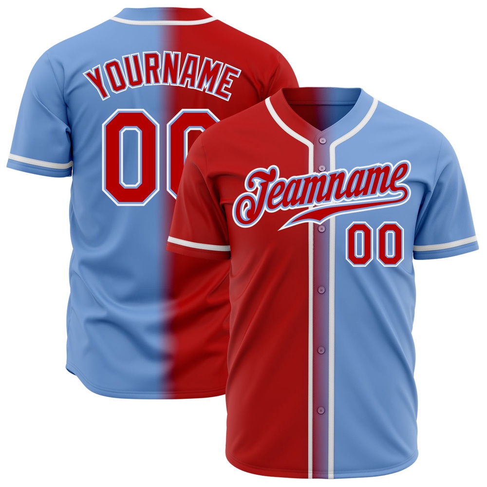 Light Blue Red-White Authentic Gradient Fashion Baseball Jersey, Custom Baseball Jersey, Personalized Sport Jersey Light Blue Red-White Authentic Gradient Fashion Baseball Jersey, Custom Baseball Jersey, Personalized Sport Jersey