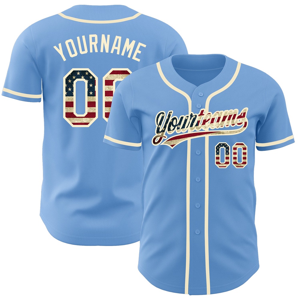 Light Blue Vintage USA Flag-Cream Authentic Baseball Jersey, Custom Baseball Jersey, Personalized Sport Jersey Light Blue Vintage USA Flag-Cream Authentic Baseball Jersey, Custom Baseball Jersey, Personalized Sport Jersey