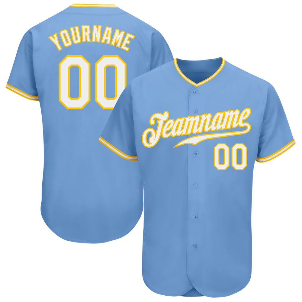 Light Blue White-Gold Authentic Baseball Jersey, Custom Baseball Jersey, Personalized Sport Jersey
