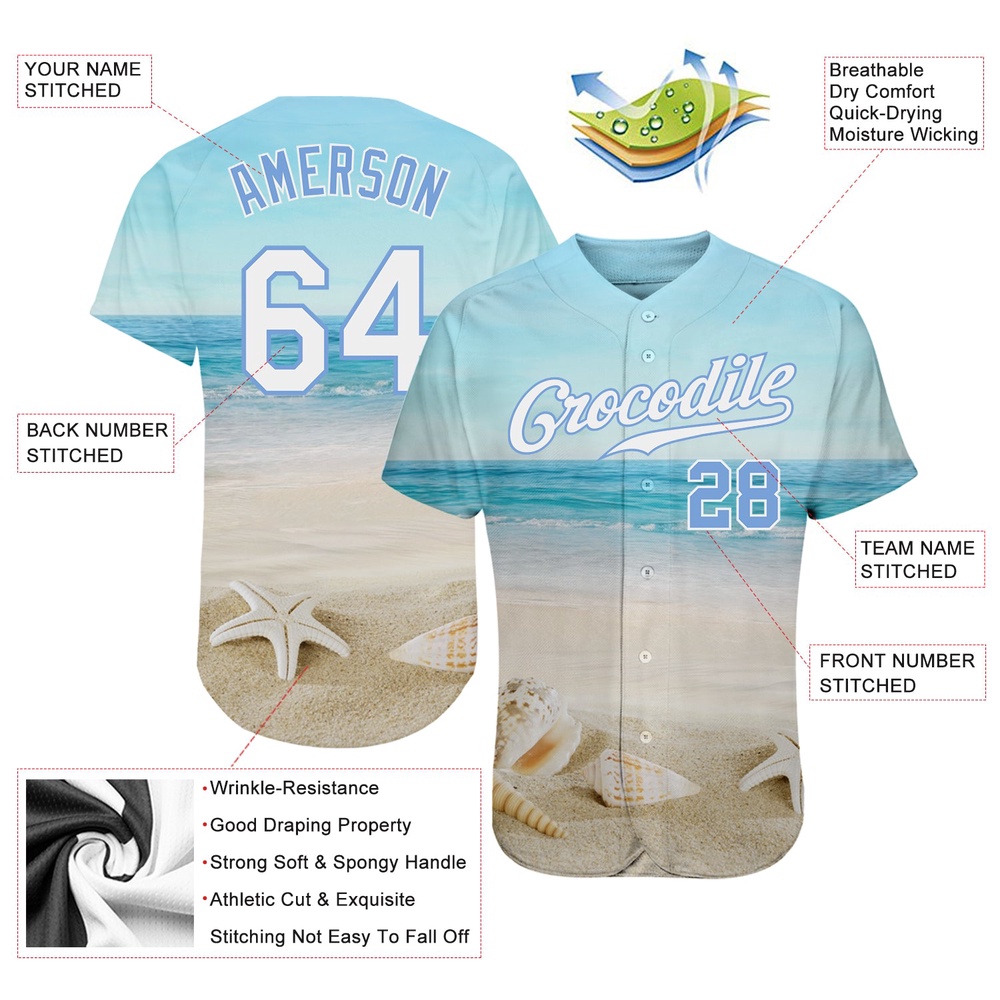 Light Blue White-Light Blue 3D Pattern Design Beach Authentic Baseball Jersey, Custom Baseball Jersey, Personalized Sport Jersey