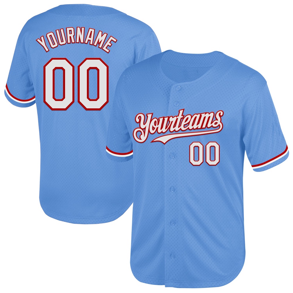Light Blue White-Red Mesh Authentic Throwback Baseball Jersey, Custom Baseball Jersey, Personalized Sport Jersey