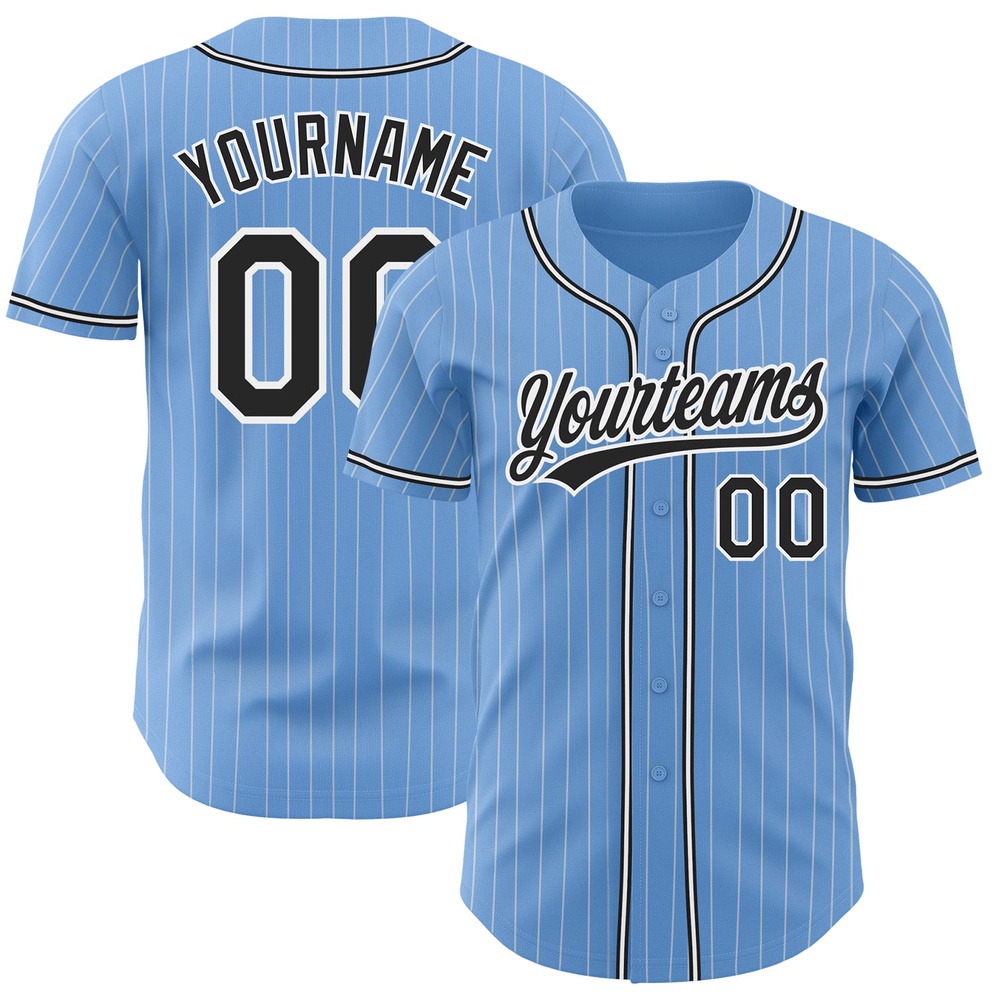 Light Blue White Pinstripe Black Authentic Baseball Jersey, Custom Baseball Jersey, Personalized Sport Jersey Light Blue White Pinstripe Black Authentic Baseball Jersey, Custom Baseball Jersey, Personalized Sport Jersey