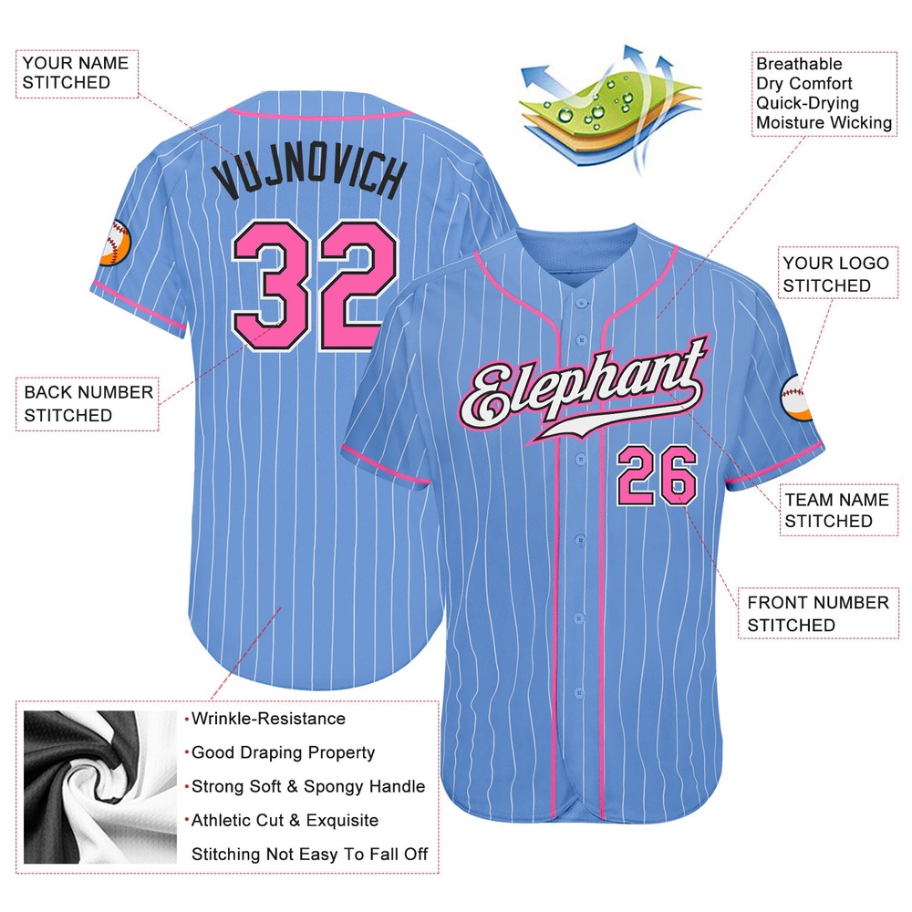 Light Blue White Pinstripe Pink-Black Authentic Baseball Jersey, Custom Baseball Jersey, Personalized Sport Jersey Light Blue White Pinstripe Pink-Black Authentic Baseball Jersey, Custom Baseball Jersey, Personalized Sport Jersey