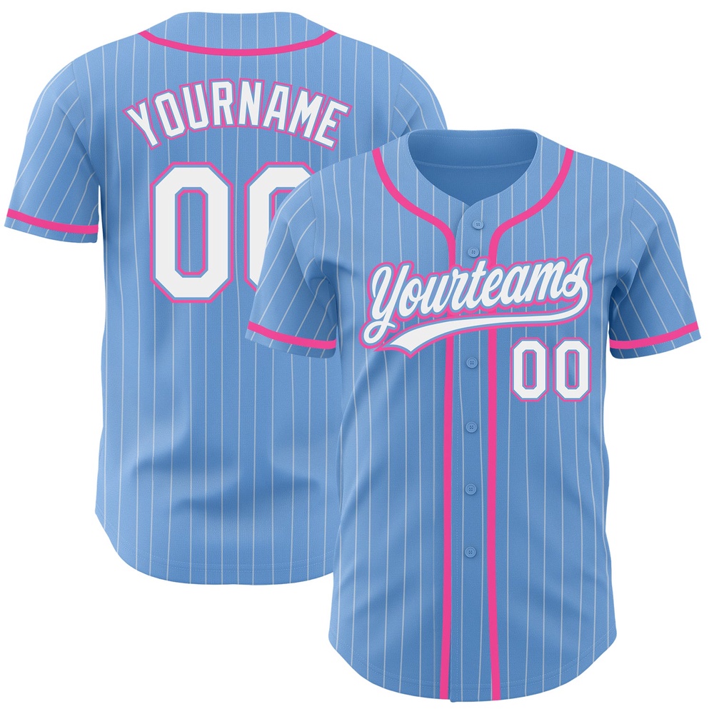 Light Blue White Pinstripe Pink Authentic Baseball Jersey, Custom Baseball Jersey, Personalized Sport Jersey Light Blue White Pinstripe Pink Authentic Baseball Jersey, Custom Baseball Jersey, Personalized Sport Jersey