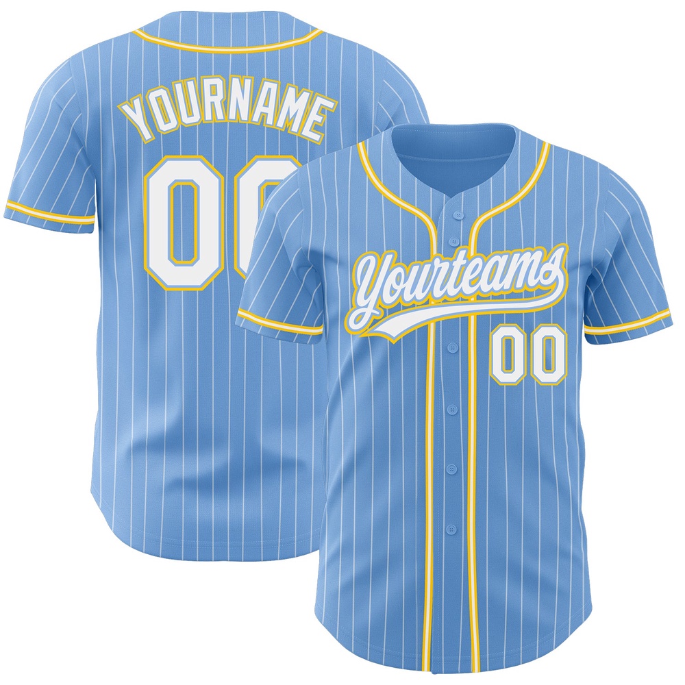Light Blue White Pinstripe White-Gold Authentic Baseball Jersey, Custom Baseball Jersey, Personalized Sport Jersey Light Blue White Pinstripe White-Gold Authentic Baseball Jersey, Custom Baseball Jersey, Personalized Sport Jersey