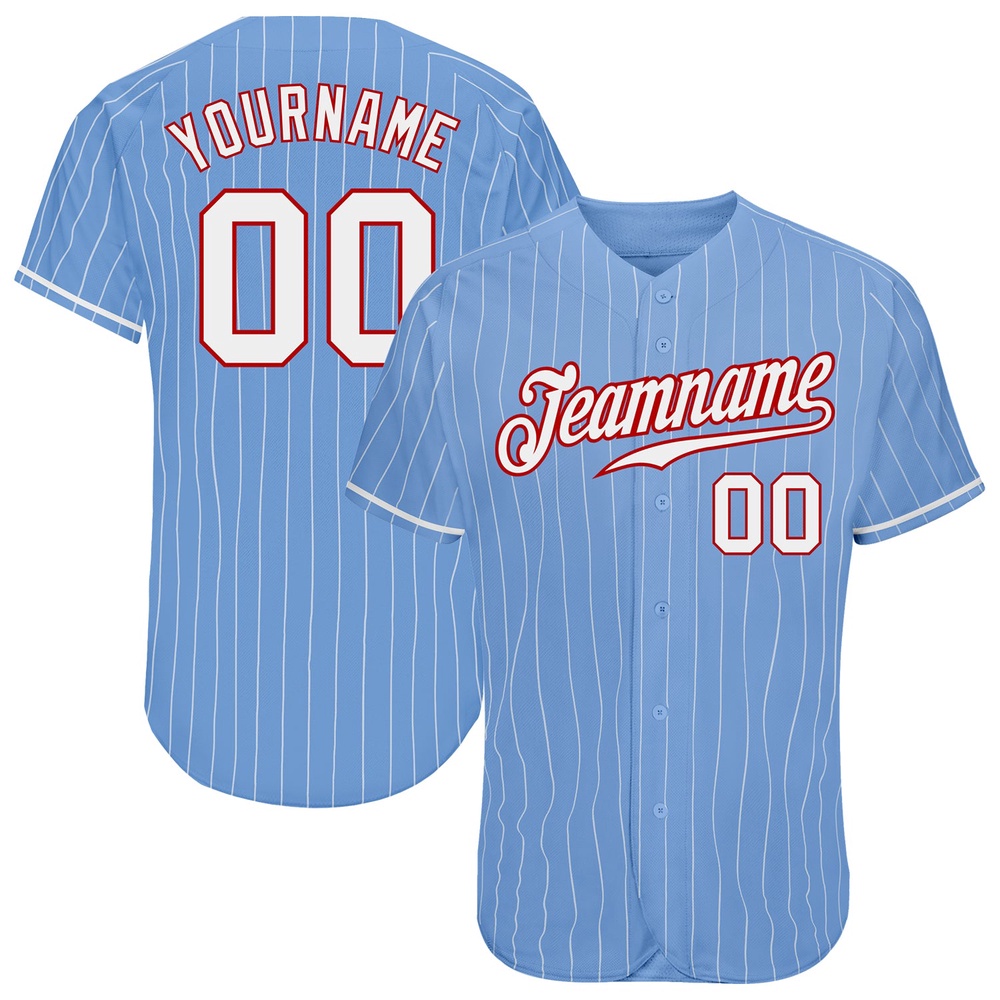 Light Blue White Pinstripe White-Red Authentic Baseball Jersey, Custom Baseball Jersey, Personalized Sport Jersey Light Blue White Pinstripe White-Red Authentic Baseball Jersey, Custom Baseball Jersey, Personalized Sport Jersey
