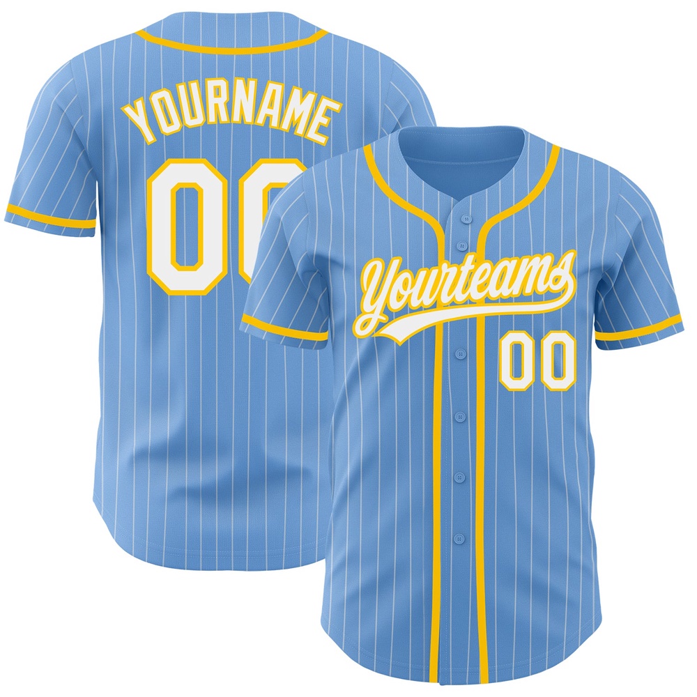 Light Blue White Pinstripe Yellow Authentic Baseball Jersey, Custom Baseball Jersey, Personalized Sport Jersey Light Blue White Pinstripe Yellow Authentic Baseball Jersey, Custom Baseball Jersey, Personalized Sport Jersey