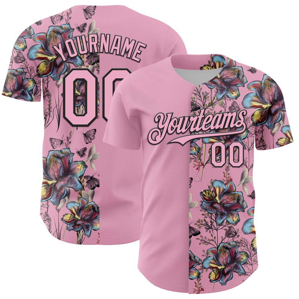 Light Pink Black 3D Pattern Design Vintage Tattoos Authentic Baseball Jersey, Custom Baseball Jersey, Personalized Sport Jersey
