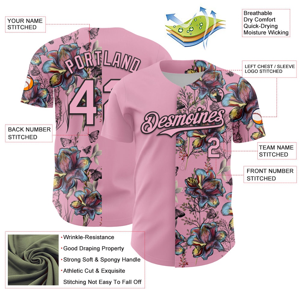 Light Pink Black 3D Pattern Design Vintage Tattoos Authentic Baseball Jersey, Custom Baseball Jersey, Personalized Sport Jersey