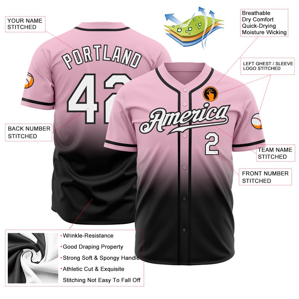 Light Pink White-Black Authentic Fade Fashion Baseball Jersey, Custom Baseball Jersey, Personalized Sport Jersey