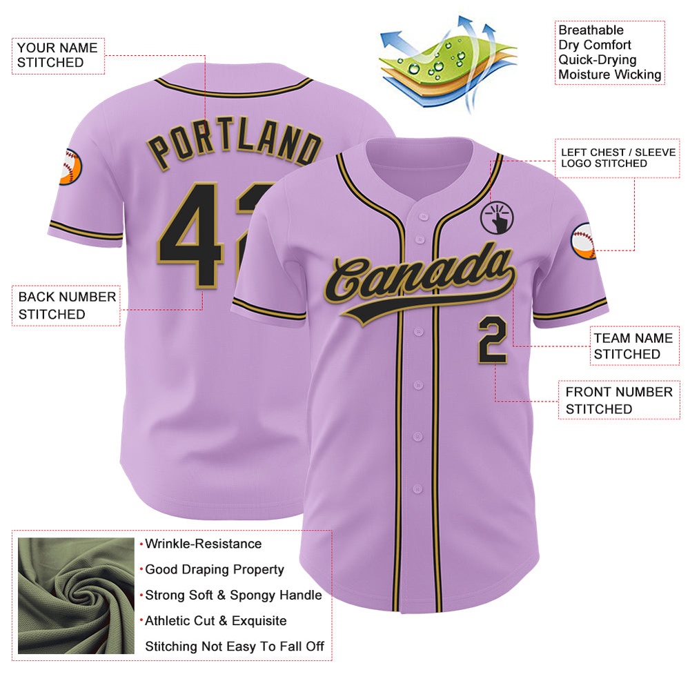 Light Purple Black-Old Gold Authentic Baseball Jersey, Custom Baseball Jersey, Personalized Sport Jersey